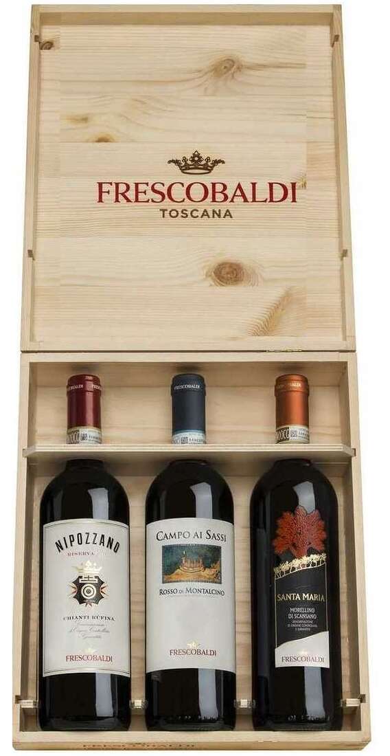 Caisse en bois 3 vins : Rosso Montalcino, Nipozzano et Morellino