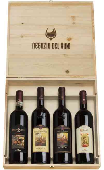 Coffret Bois 4 Vins, Brunello, Rosso Montalcino, Chianti Riserva et Chianti