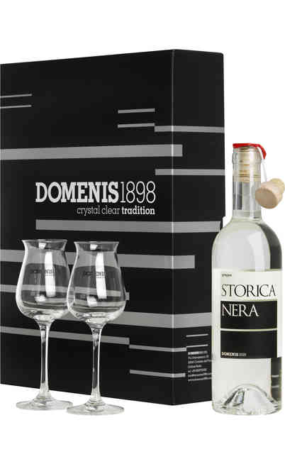 Geschenkbox Grappa DOMENIS Storica Nera mit 2 Gläsern