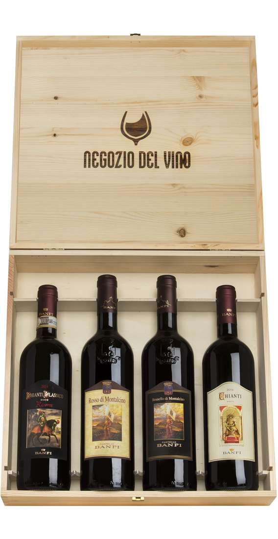 Holzkiste 4 Weine, Brunello, Rosso Montalcino, Chianti Riserva und Chianti