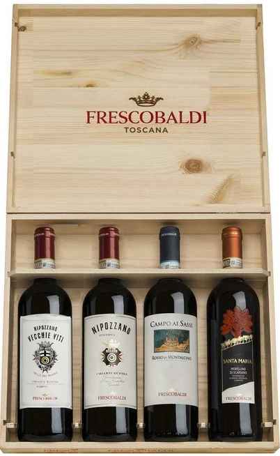 Holzkiste 4 Weine: Rosso Montalcino, Nipozzano, Nipozzano Vecchie Viti und Morellino [FRESCOBALDI]