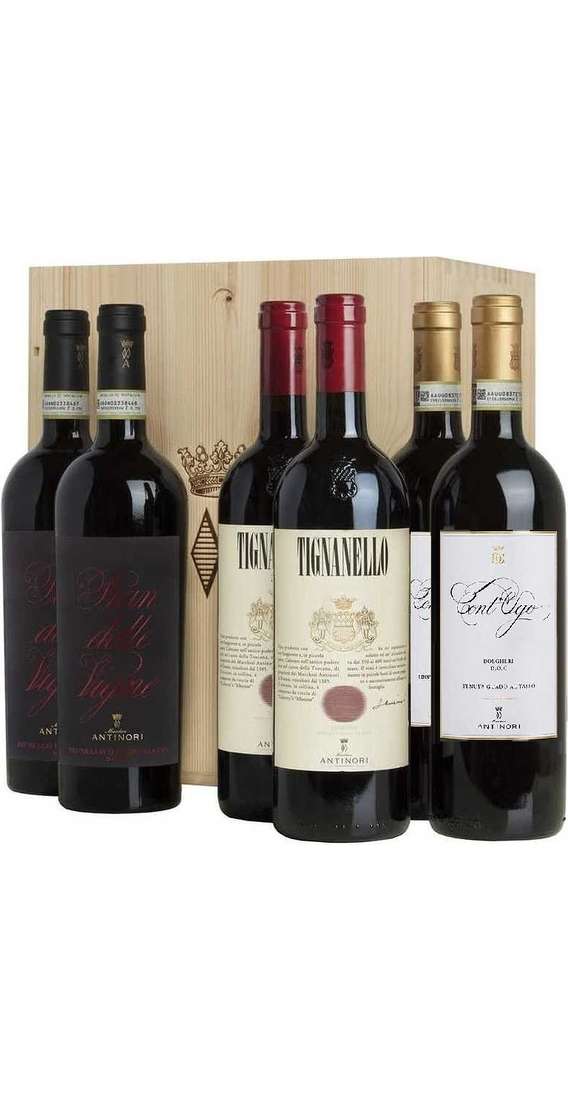 Holzkiste 6 Autorenweine - 2 Tignanello, 2 Pian delle Vigne und 2 Cont'Ugo