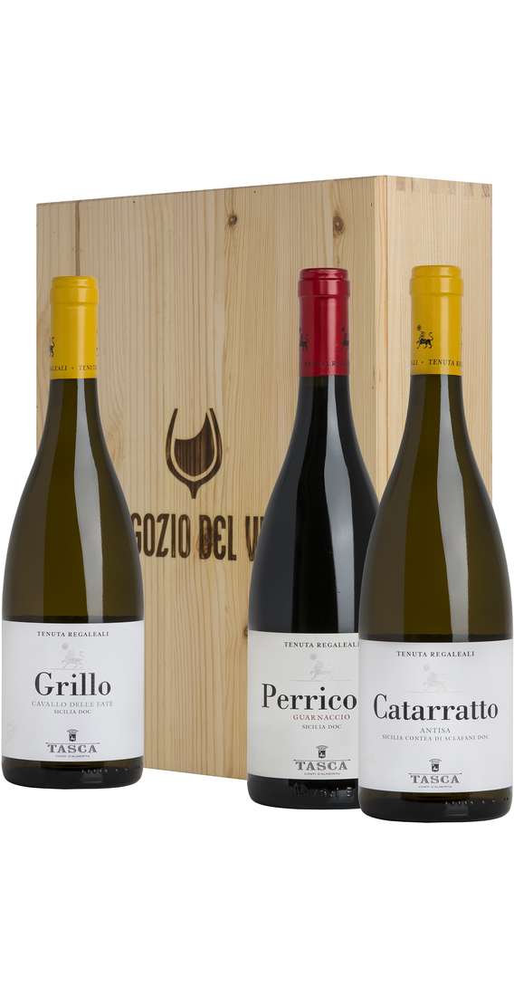 Holzkiste für 3 Catarratto-, Perricone- und Grillo-Weine