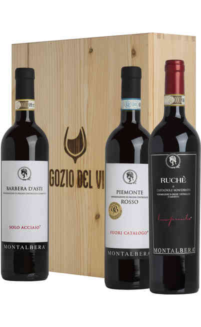 Holzkiste mit 3 Ruché-, Barbera- und Rotweinen aus dem Katalog