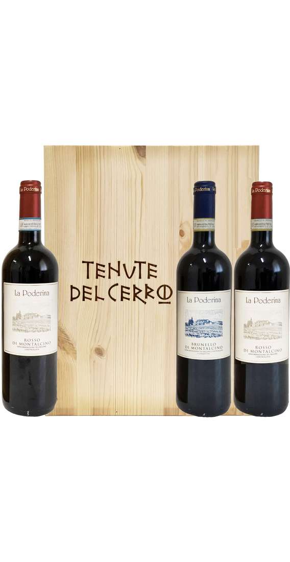 Holzkiste mit 3 Weinen aus dem Weinkeller La Poderina