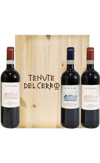 Holzkiste mit 3 Weinen aus dem Weinkeller La Poderina Holzkiste mit 3 Weinen aus dem Weinkeller La Poderina