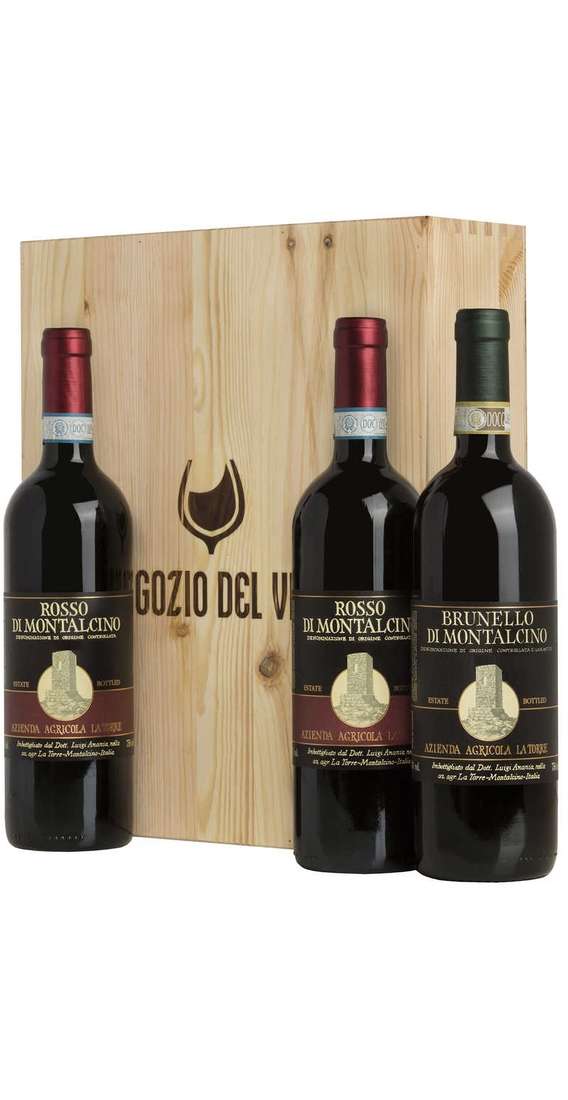 Holzkiste mit 3 Weinen Brunello Montalcino und Rosso Montalcino