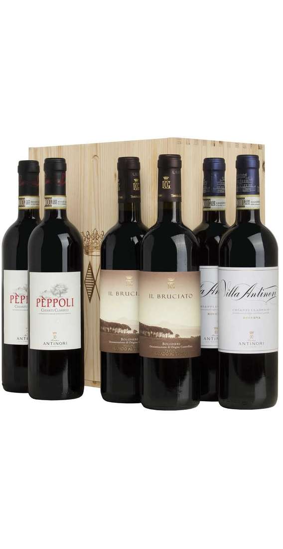 Wooden Box 6 Wines - 2 Bruciato, 2 Chianti Peppoli, 2 Chianti Riserva Villa Antinori